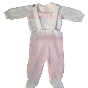 Vintage 80's Baby Knitted Pink & White Top & Overalls Hearts Easter Outfit 0-6 M